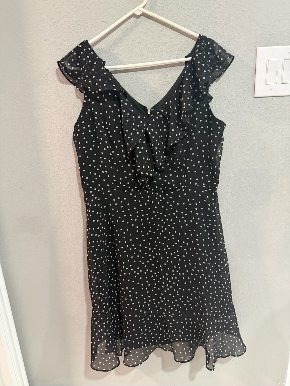 DKNY Black Dress with White Polka Dots and Ruffle V-Neck